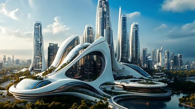 A futuristic architectural complex with flowing organic white structures surrounded by modern skyscrapers in a visionary urban landscape. Futuristic architecture concept