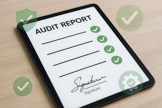 Digital audit report presented on a tablet device, showcasing the finalized and validated data review
