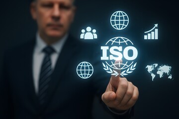 An ISO concept represented by businessman touching a digital screen, implying global quality assurance and standard