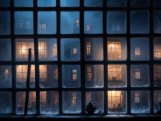 view through window with small panes in the evening toward apartments across the street