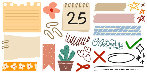 Hand drawn set of planner elements for notebook, journaling and sticker to decorate the diary.