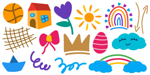 Colorful cute hand drawn doodle of bright rainbow, sunrise, cloud, flower, bow, easter and others cute elements.