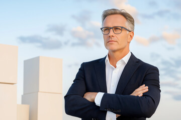 A distinguished businessman in a suit, confidently looking forward with a pensive expression.