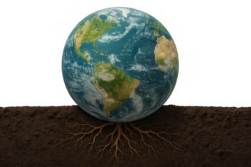 Earth globe growing roots in fertile soil, promoting environmental awareness and sustainability on a transparent background