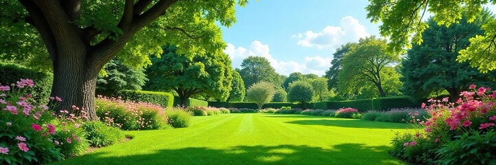 Fototapeta premium Serene garden landscape featuring lush green grass, vibrant flowers, and mature trees under a clear blue sky Perfect for home, garden, and nature projects , nature, background