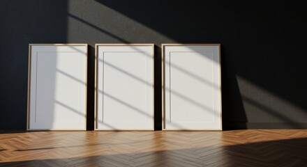Three frames stand in a room. Interior decor for photos, mockup use