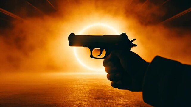 Silhouette of Gun Against Orange Ring of Light