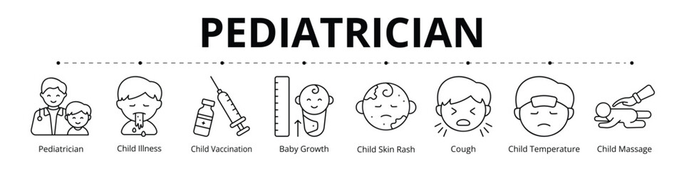Pediatrician Line Banner Web Icon Set Vector Illustration, Child Illness Vaccination Baby Growth Skin Rash Cough Temperature Message
