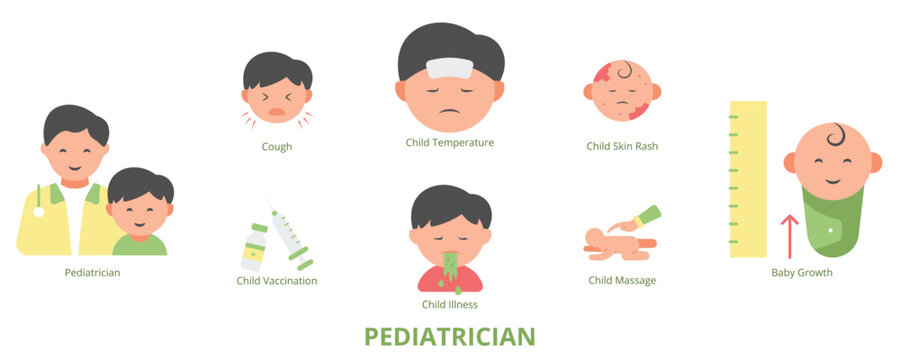 Pediatrician Flat Banner Web Icon Set Vector Illustration, Child Illness Vaccination Baby Growth Skin Rash Cough Temperature Message