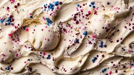 Close-up view of creamy vanilla ice cream with colorful sprinkles.