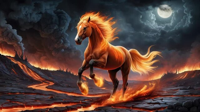 Fiery horse with a burning mane and tail gallops through a volcanic landscape with lava flows under a full moon, creating a dramatic and fantastical scene