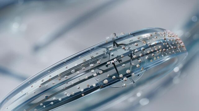 Glassy reconfigurable antenna demonstrating innovative magnetorheological fluid connectivity, rotating against light gray background and revealing complex welded droplet interconnections