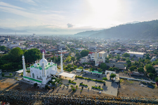 Aerial view at morning of the Al-Hakim Mosque near the coast of Padang City, West Sumatra.