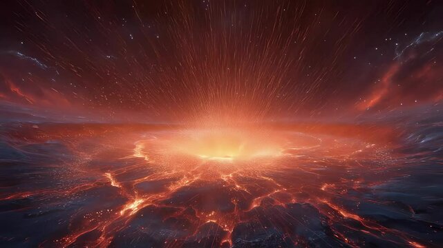 Microwave energy interaction with coal tar pitch creates a glowing plasma field, resembling a volcanic eruption with radiating light beams and sparks against a starry backdrop