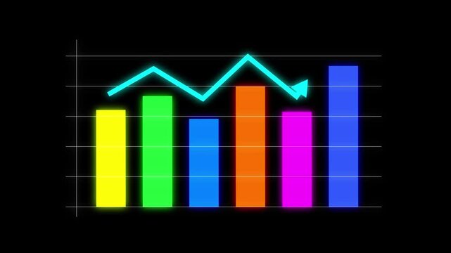Bar Graph Animation with Up and Down Business Statistics Glow on Black Background