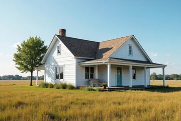 A rustic whitewashed ranch house stands against a bright, clear sky Perfect for real estate, home design, or lifestyle projects The image evokes feelings of peace and tranquility , farmhouse, ranch