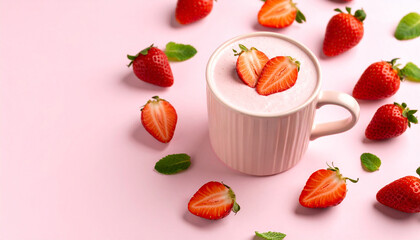 Cup with strawberry and strawberry latte in pastel background. vegetarian healthy drink.