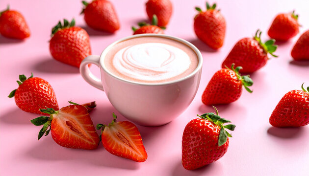 A cup with strawberry and strawberry latte against a pastel background. vegetarian healthy drink.