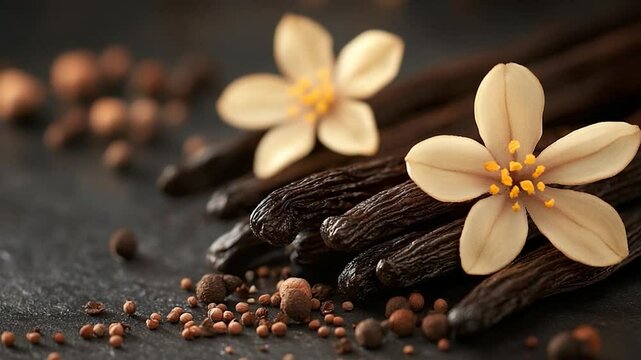 Close-up of vanilla beans and flowers with scattered spices against a dark background. Soft lighting highlights the textures and colors. Focus is on the details, creating a warm and inviting visual.
