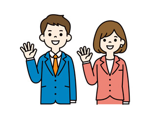 笑顔で手を振る、ビジネスマンのシンプルなベクターイラスト素材＿男女セット＿カラー