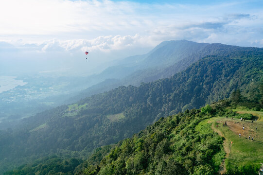 Aerial view of the paragliding attraction at Puncak Lawang, Agam Regency, West Sumatra