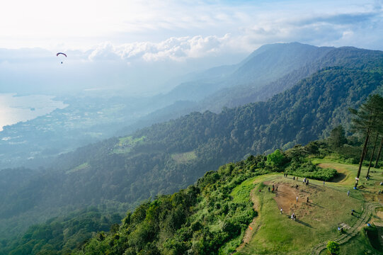 Aerial view of the paragliding attraction at Puncak Lawang, Agam Regency, West Sumatra