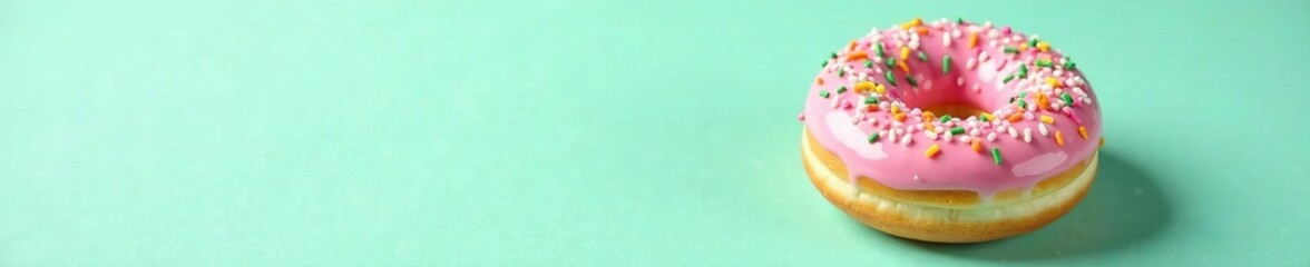 donut with pink and green icing, sprinkles on mint background, pastel, green, sweet