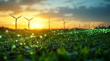 Panoramic view of wind turbines in a field at sunset with digital connection lines representing green energy and data transfer in agricultural landscape. Sun sets behind the horizon with colorful sky. - Powered by Adobe