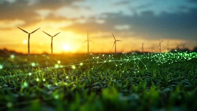 Panoramic view of wind turbines in a field at sunset with digital connection lines representing green energy and data transfer in agricultural landscape. Sun sets behind the horizon with colorful sky. - Powered by Adobe