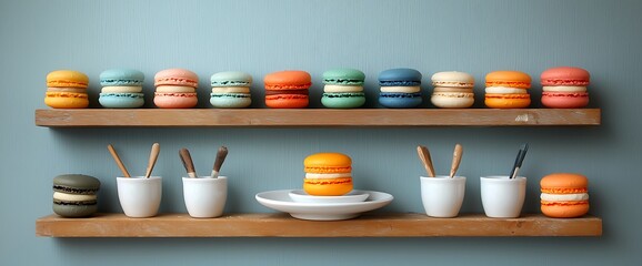 Colorful macarons arranged on wooden shelves with small cups and spoons