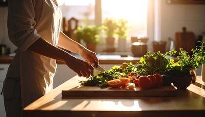 Hands expertly cutting fresh vegetables on a wooden board in sunlit kitchen for healthy eating.