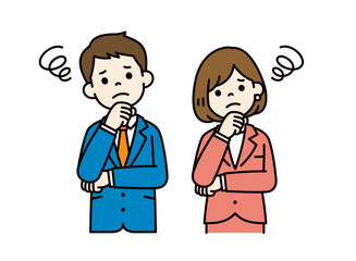 首を傾げて考える、ビジネスマンのシンプルなベクターイラスト素材＿男女セット＿カラー