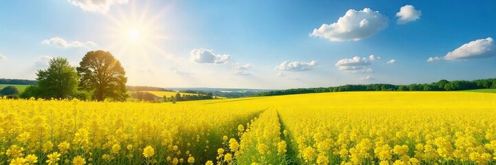 Obraz premium Golden rapeseed fields bathed in the warm summer sun, vibrant yellow blossoms stretching to the horizon A picturesque landscape perfect for idyllic summer imagery , rural, plant, vibrant