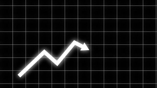 Glowing arrow line graph animation on dark grid background