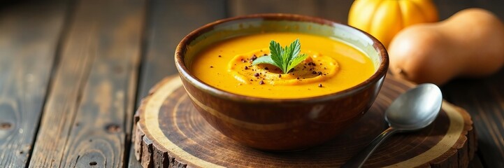 Creamy butternut squash soup on a rustic wooden board , winter, flat lay, comfort food