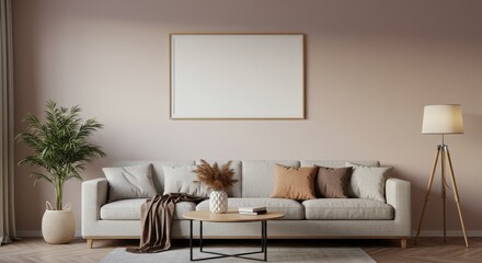 Realistic Interior Design Featuring Couch Lamp And Plant In Living Room