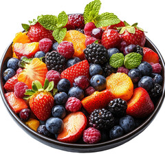 Obraz premium Fresh and Vibrant Mixed Fruit Bowl with Berries and Mint for Healthy Eating