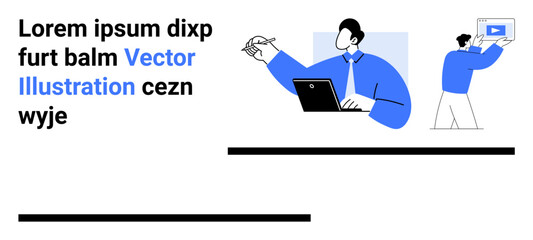 Man in suit writing on laptop, another person pointing at screen. Ideal for productivity, teamwork, remote work, presentations, technology, innovation, simple landing page