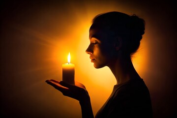 Silhouette of woman holding lit candle illuminated by warm light in dark contemplative room