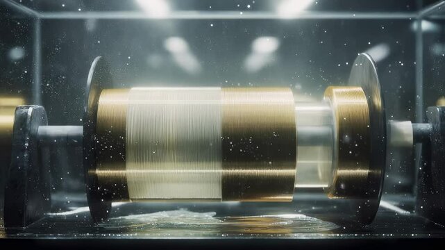 Superconducting tape, partially wrapped around a transparent and golden spool, rotates slowly, illuminated by soft, ambient lighting within a sterile, dust filled enclosure