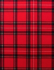 A vibrant red plaid fabric featuring a classic check pattern, with bold black and white lines intersecting, creating a cozy, warm aesthetic.