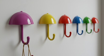 Whimsical Row of Colorful Umbrella Hooks Adorning a Wall Bringing a Touch of Charm