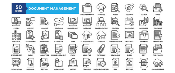 50 Document Management System icon set. Containing design Documentation, Storage, Audit, Security, Search, System	