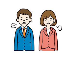 疲れて溜息をつく、ビジネスマンのシンプルなベクターイラスト素材＿男女セット＿カラー