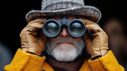 Elderly Man with Binoculars in a Stylish Yellow Coat and Hat