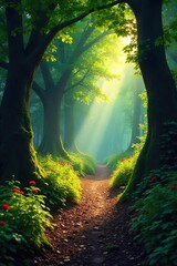 Obraz premium Sun-dappled path winding deep into a mysterious, ancient back forest, sunlight filtering through dense canopy, creating dappled shadows on the ground , woodland, scenic