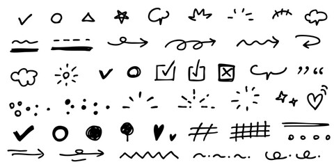 hand drawn font Hand drawn line pen stroke arrow icon set. pencil or pen line , check mark, scribble and texture in rough hand sketch style. Drawn heart, frame, star design shapes. Vector illustration