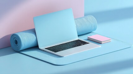 Minimalist Scandinavian workspace with yoga mat, laptop and notebook on soft blue background with clean lines and soft shadows.