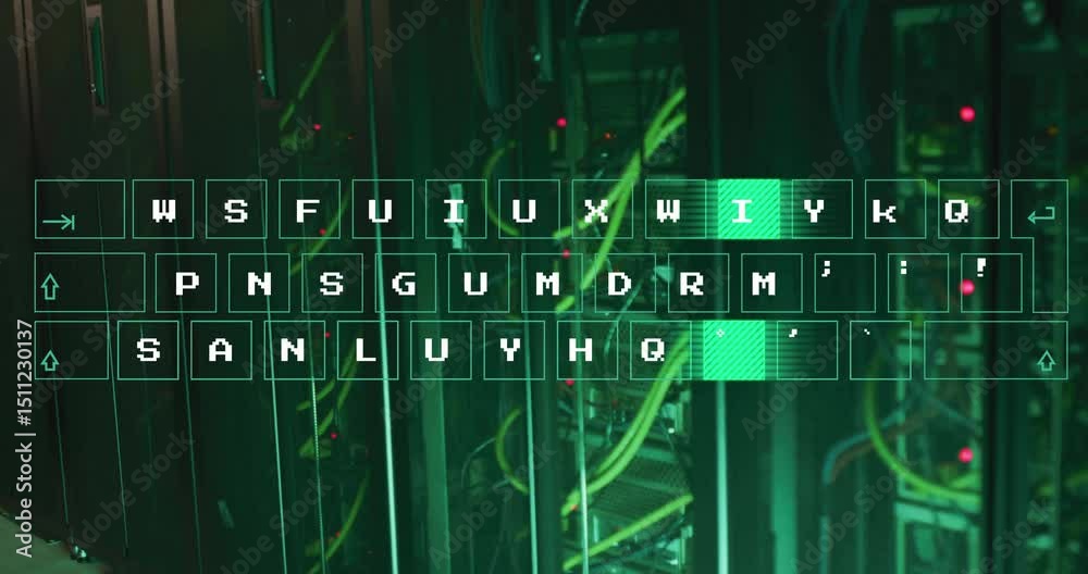 Poster translucent wireframe keyboard fading into data center bay pulsing keys in sequence for extraction