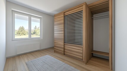 Obraz premium Modern bedroom with a built-in wardrobe.